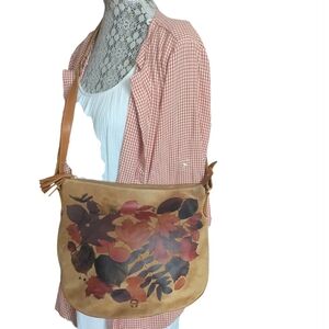 Etienne Aigner Bohemian Floral Design Shoulder Strap Soft Suede Leather Purse